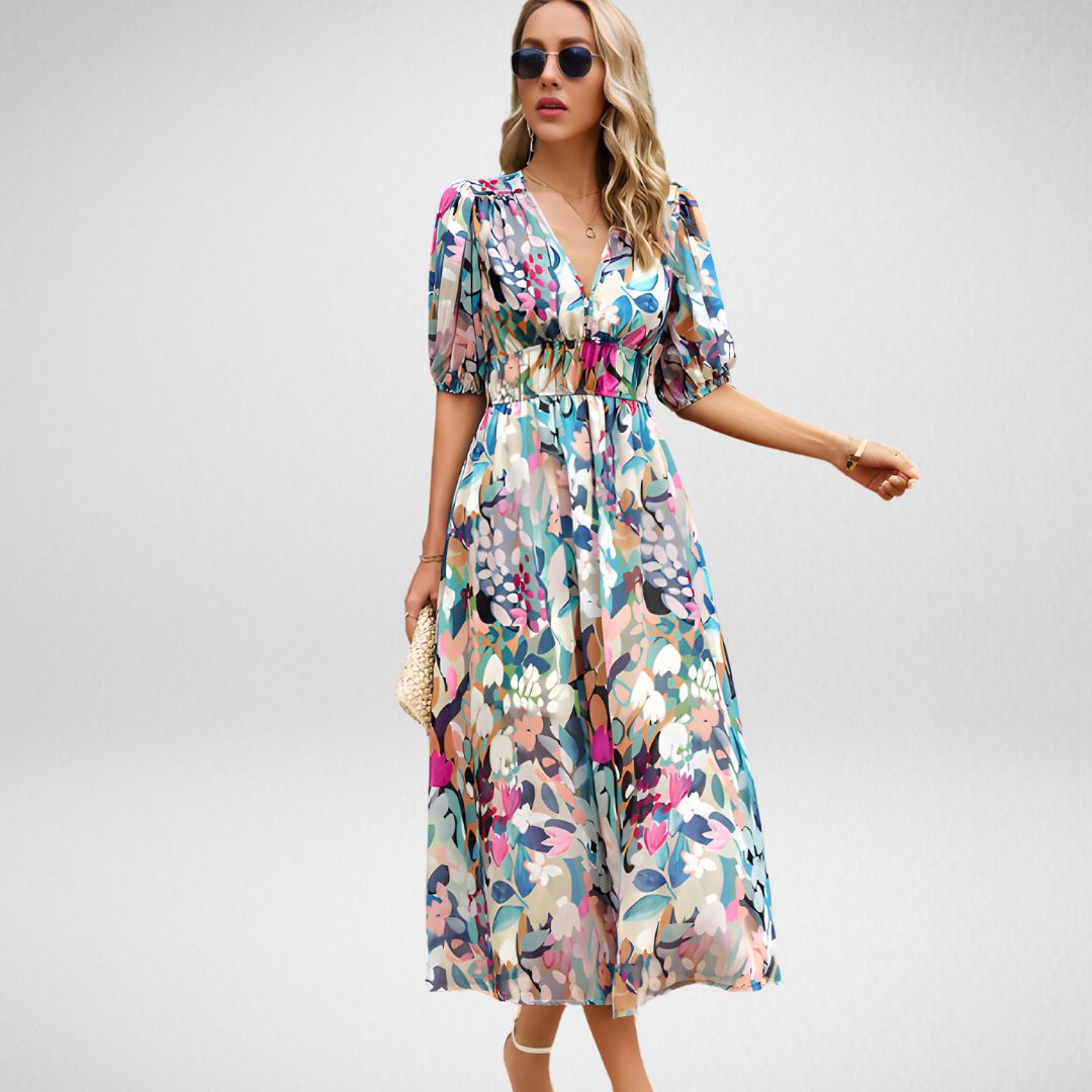 Mi-long print abstract dress for women | Rosalie -6