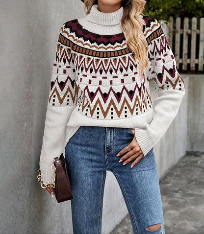 Turtleneck knit pattern geometric winter sweater for women -5