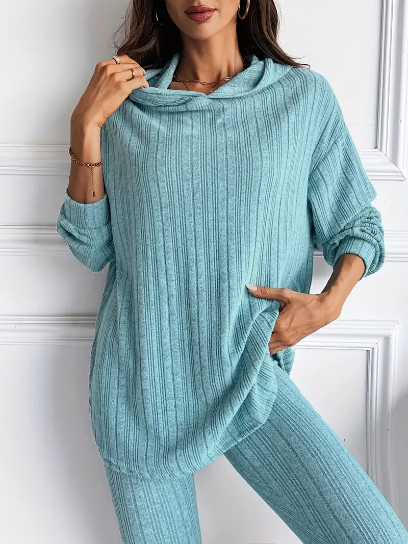 Ribbed knit lounge oversized hooded set for women | Lyra -4