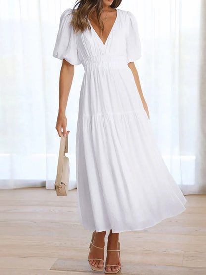 Maxi gathered autumn short-sleeve V-neck dress for women -8