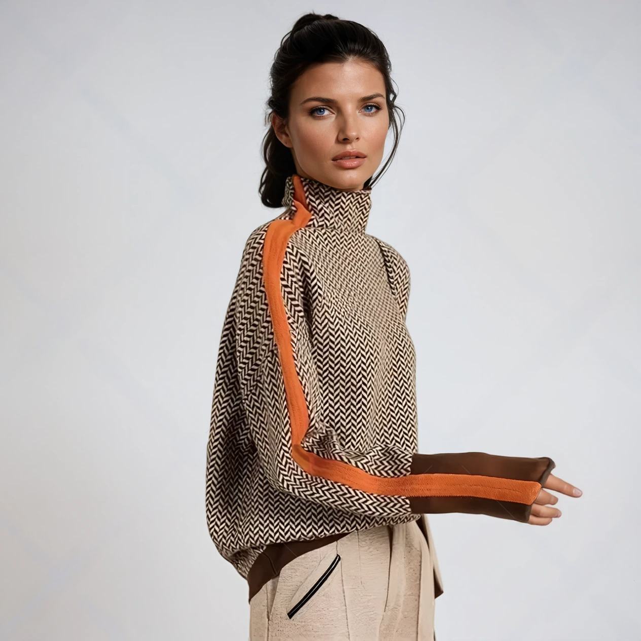 High collar contrasting stripes sweater for women -1