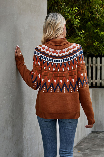 Turtleneck knit pattern geometric winter sweater for women -7