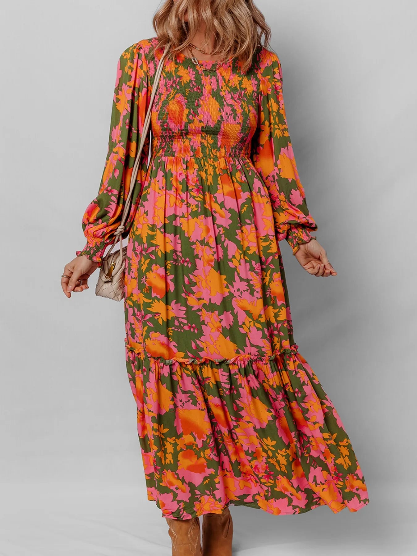 Maxi smocks autumn floral long-sleeve dress for women -5