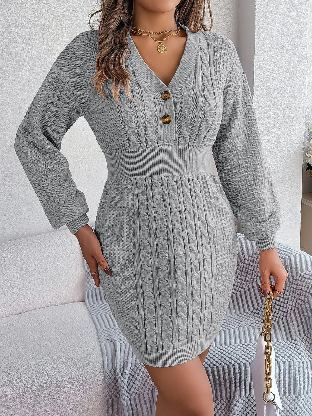 Winter knit sweater V-neck buttoned dress for women -3