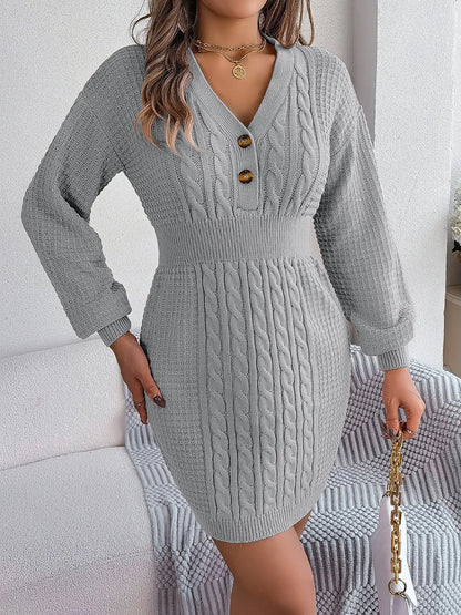Winter knit sweater V-neck buttoned dress for women -3