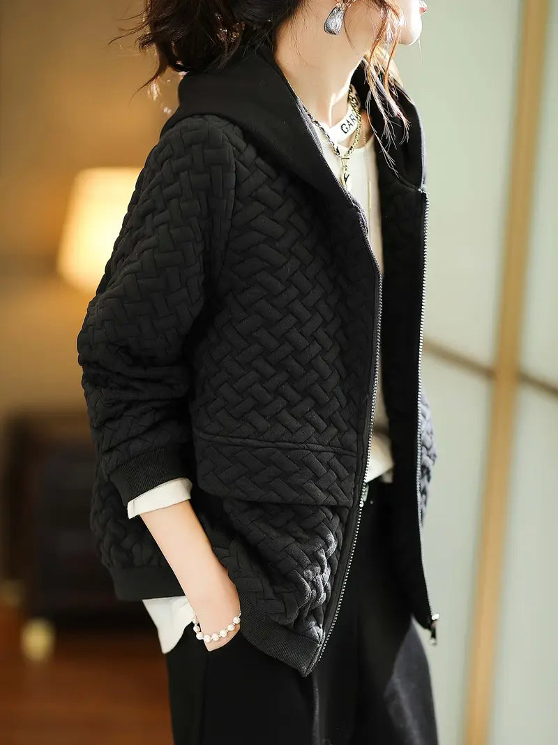 Quilted zip-up basketweave pattern hoodie for women | Selara -11