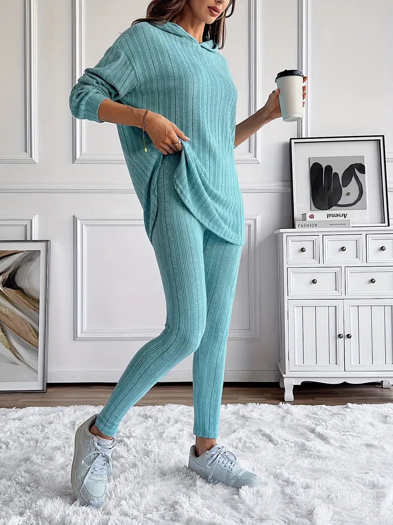 Ribbed knit lounge oversized hooded set for women | Lyra -2