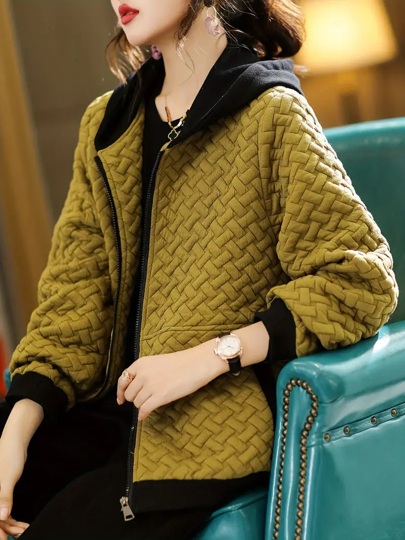 Quilted zip-up basketweave pattern hoodie for women | Selara -3