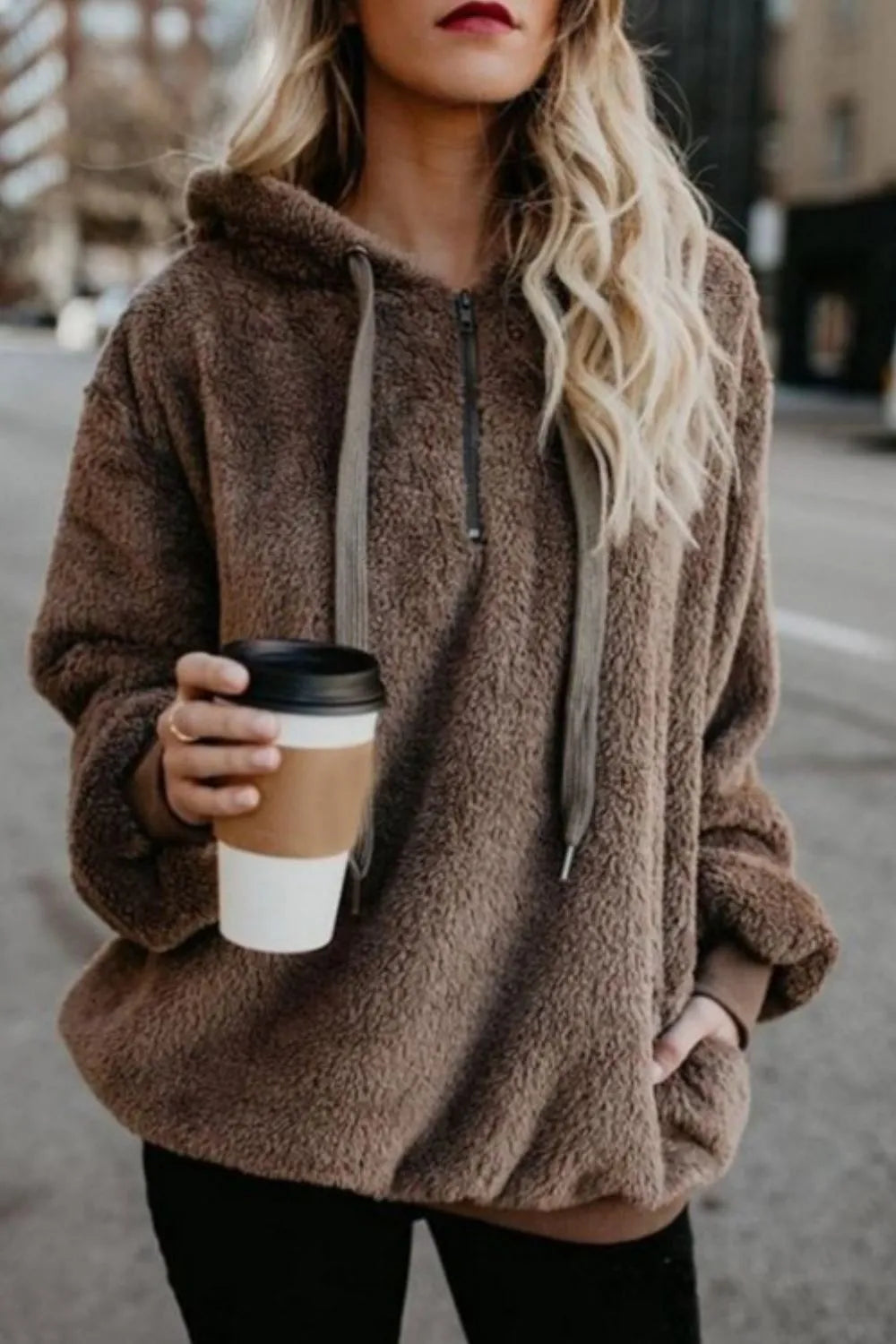 Plush demi-zip hoodie for women -1