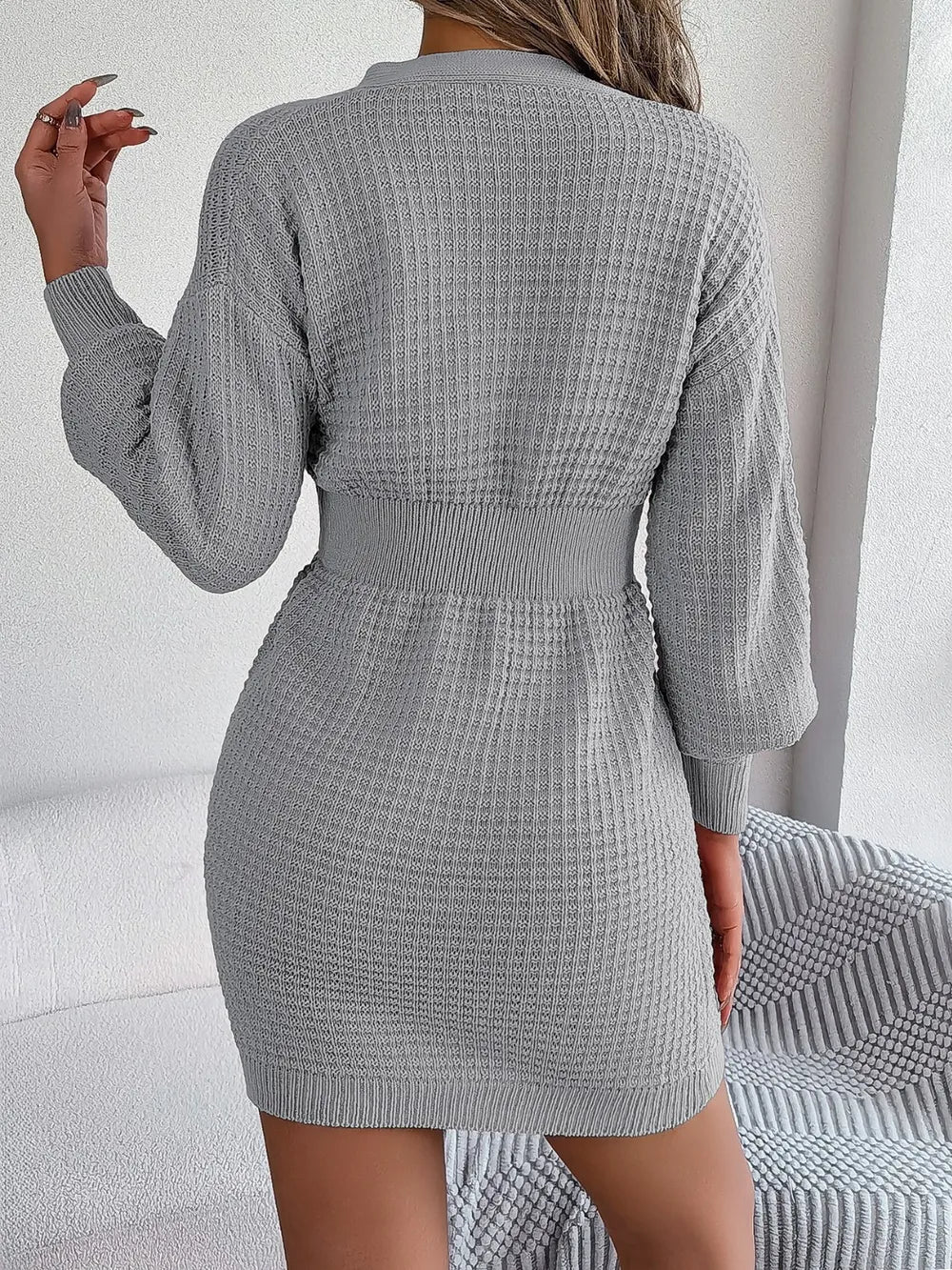 Winter knit sweater V-neck buttoned dress for women -2