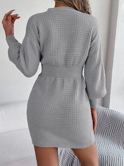 Winter knit sweater V-neck buttoned dress for women -2