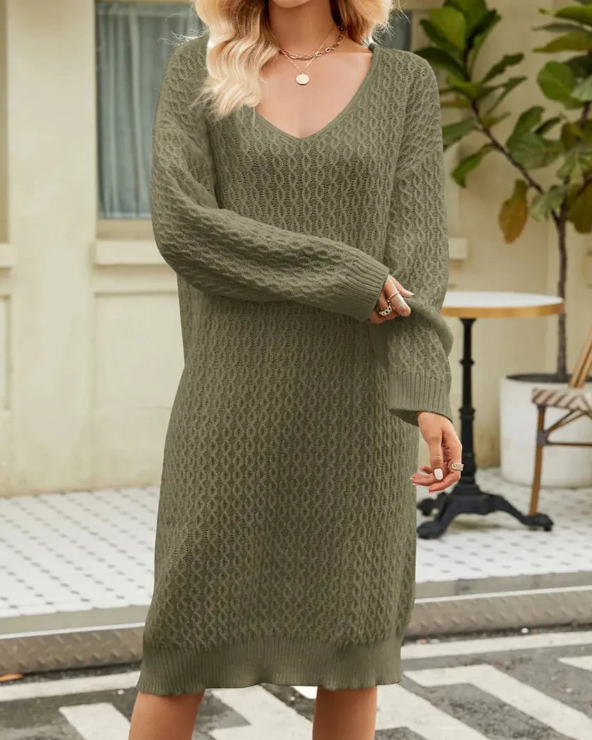Winter knit midi V-neck long-sleeve dress for women -1