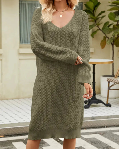 Winter knit midi V-neck long-sleeve dress for women -1