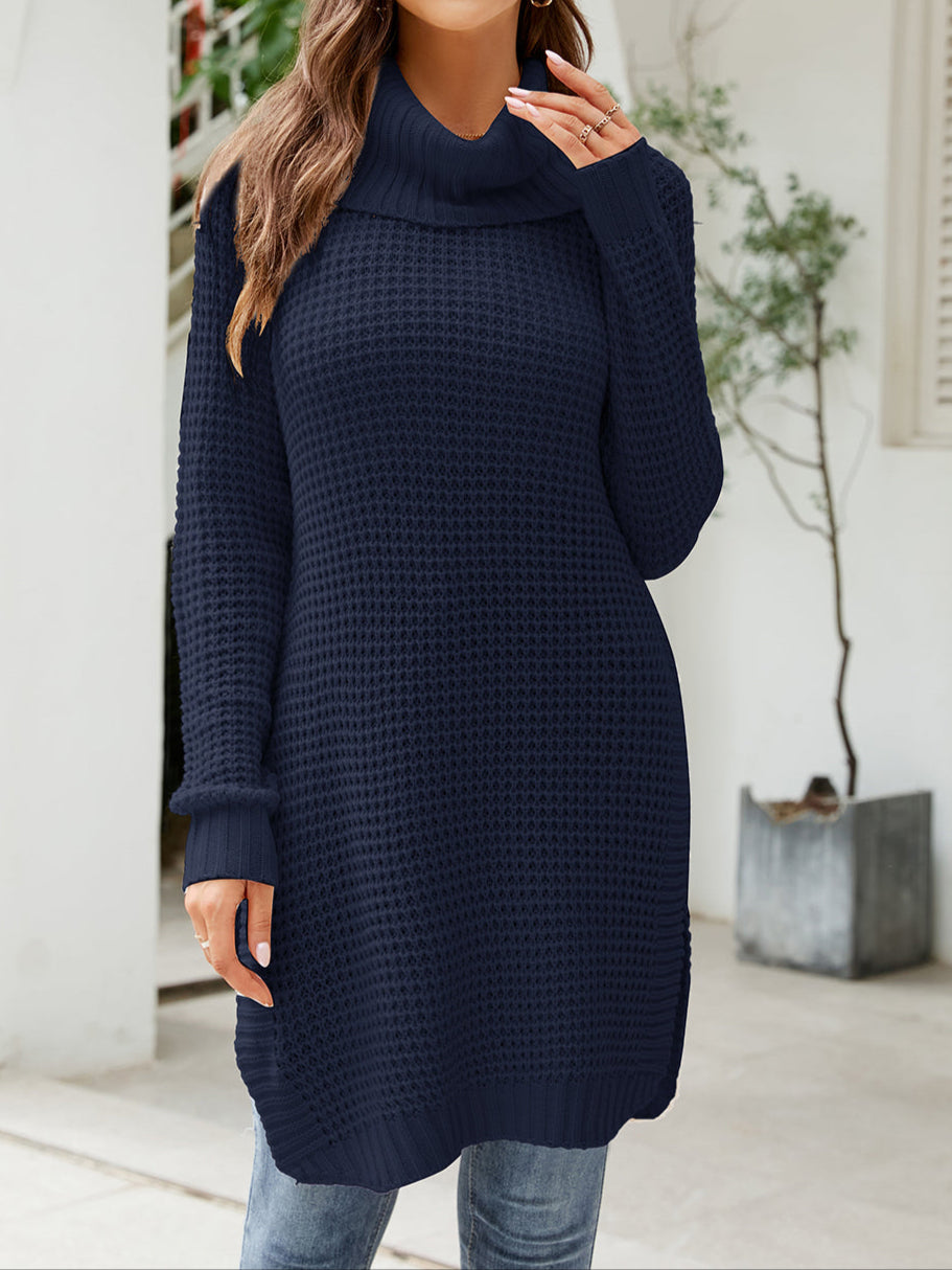 Slit knit turtleneck dress for women -5