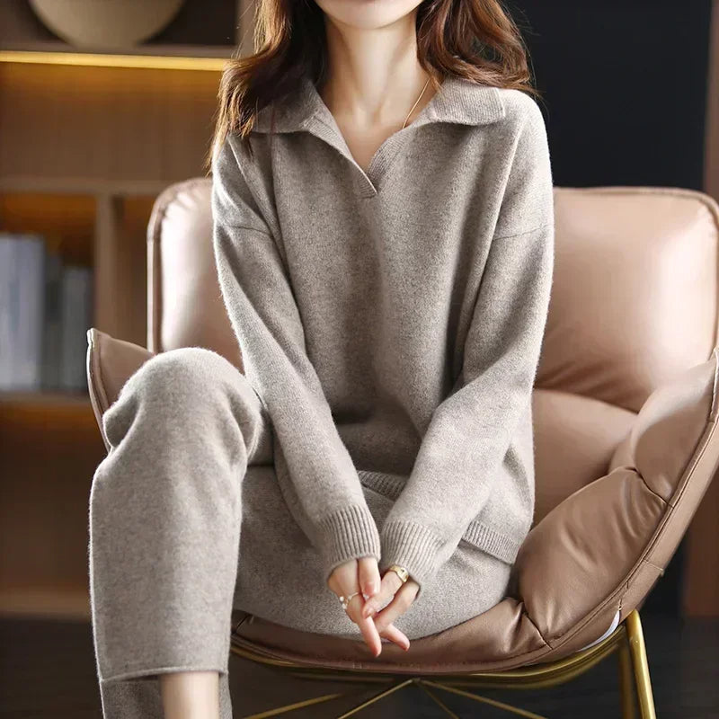 Elegant two-piece lounge polished collar set for women | Selene -4
