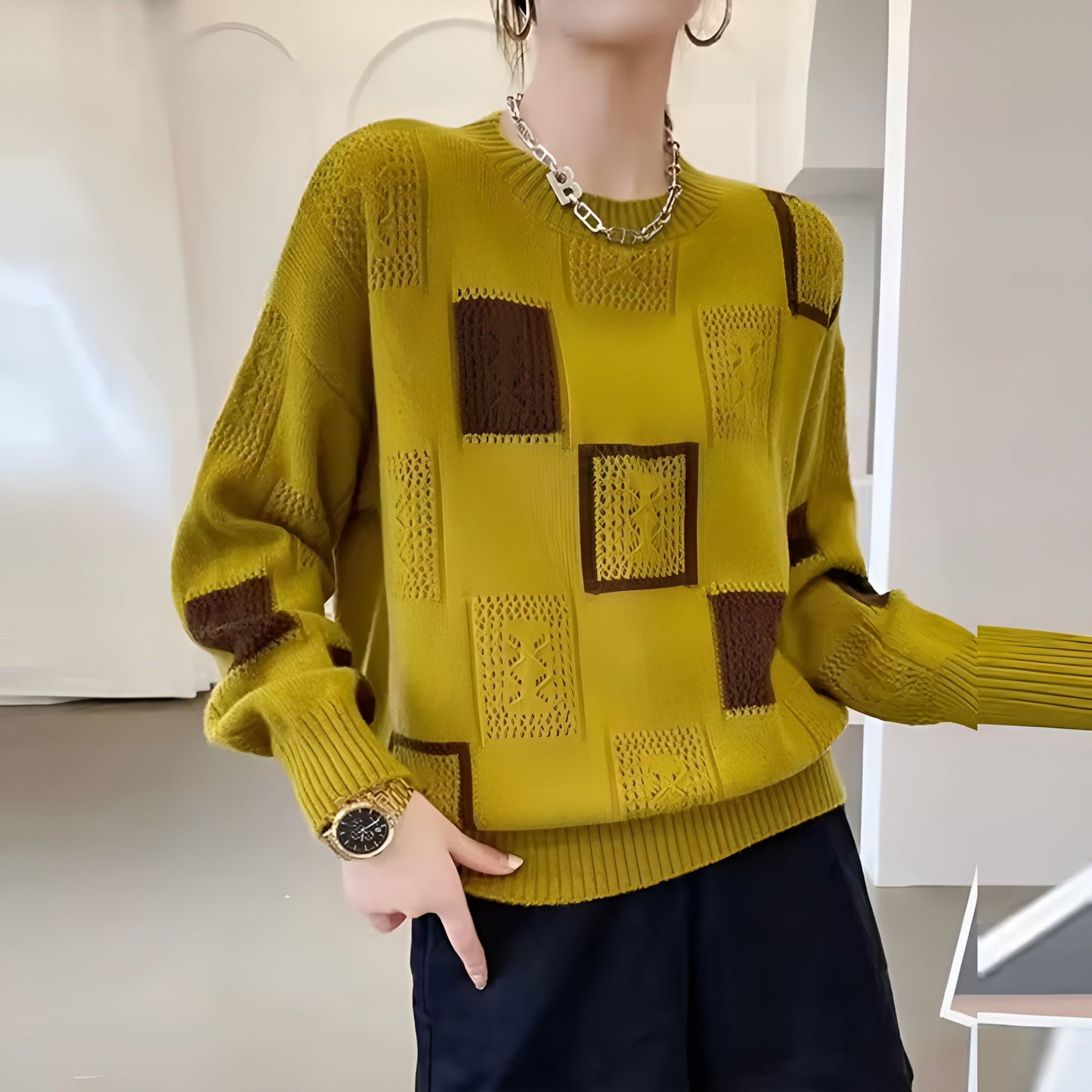 Openwork chic sweater for women | Patterns Geometric elegant -2