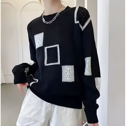 Openwork chic sweater for women | Patterns Geometric elegant -4