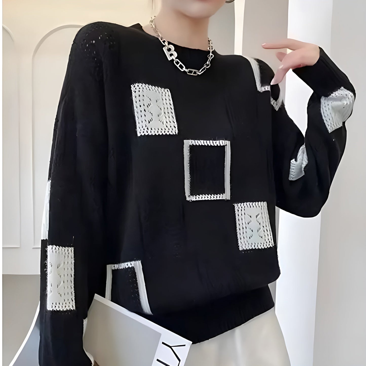 Openwork chic sweater for women | Patterns Geometric elegant -3