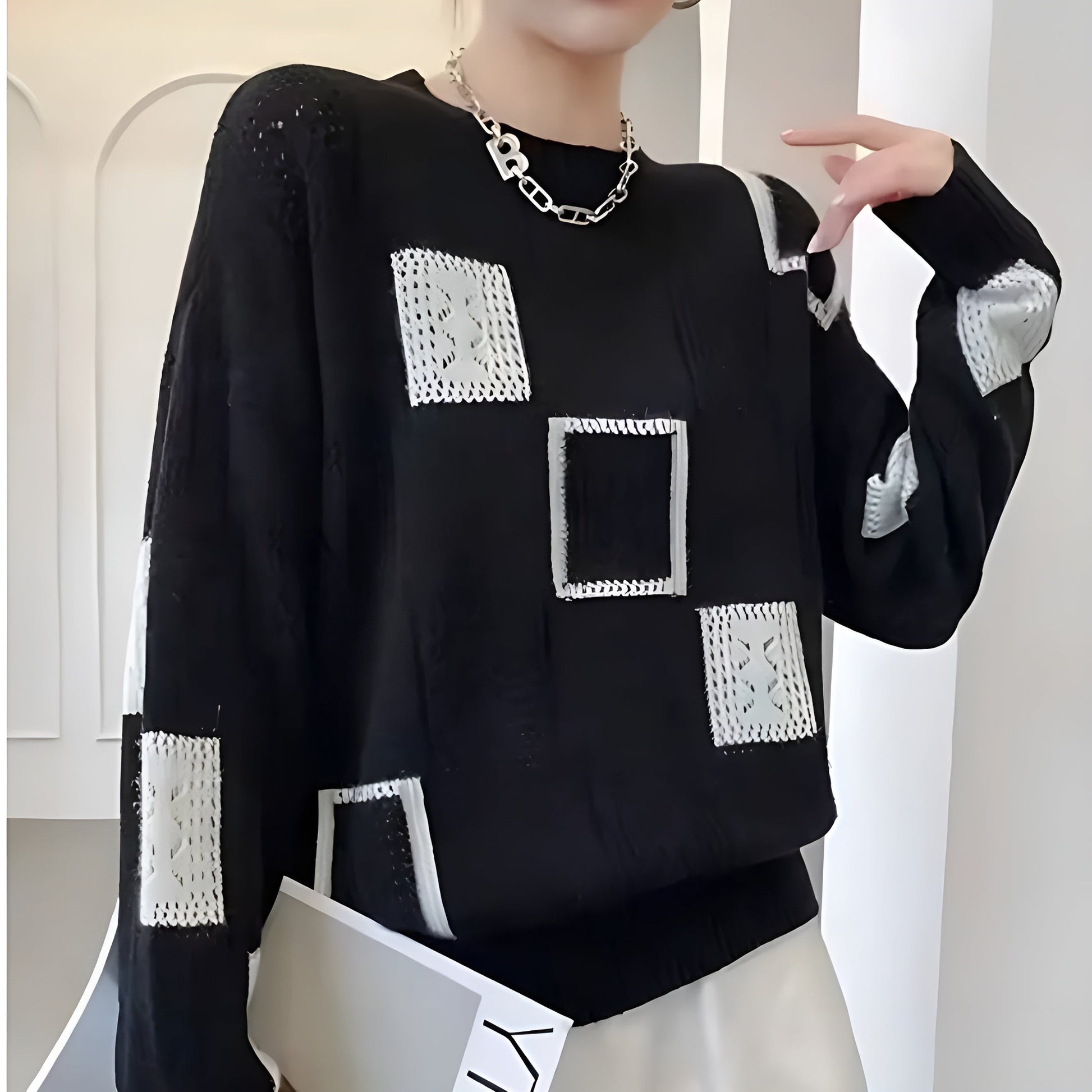 Openwork chic sweater for women | Patterns Geometric elegant -3