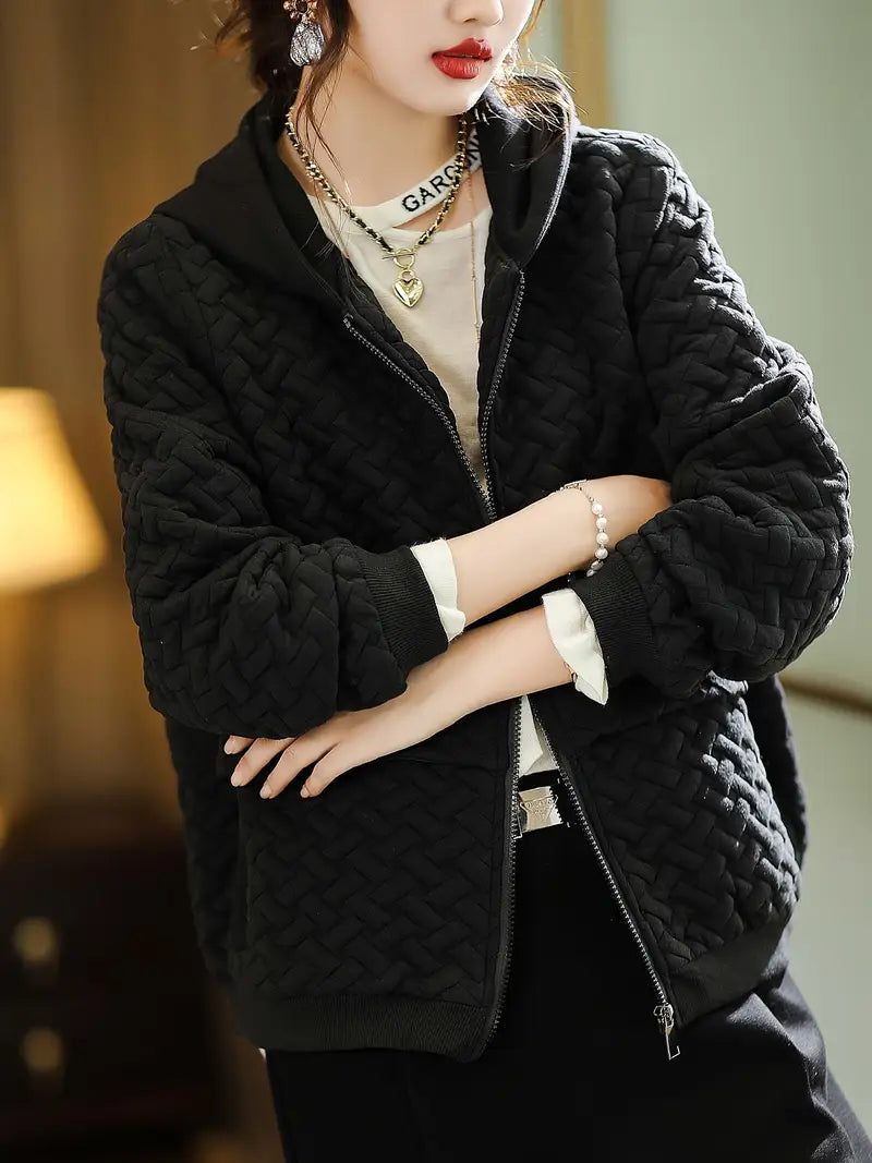 Quilted zip-up basketweave pattern hoodie for women | Selara -12