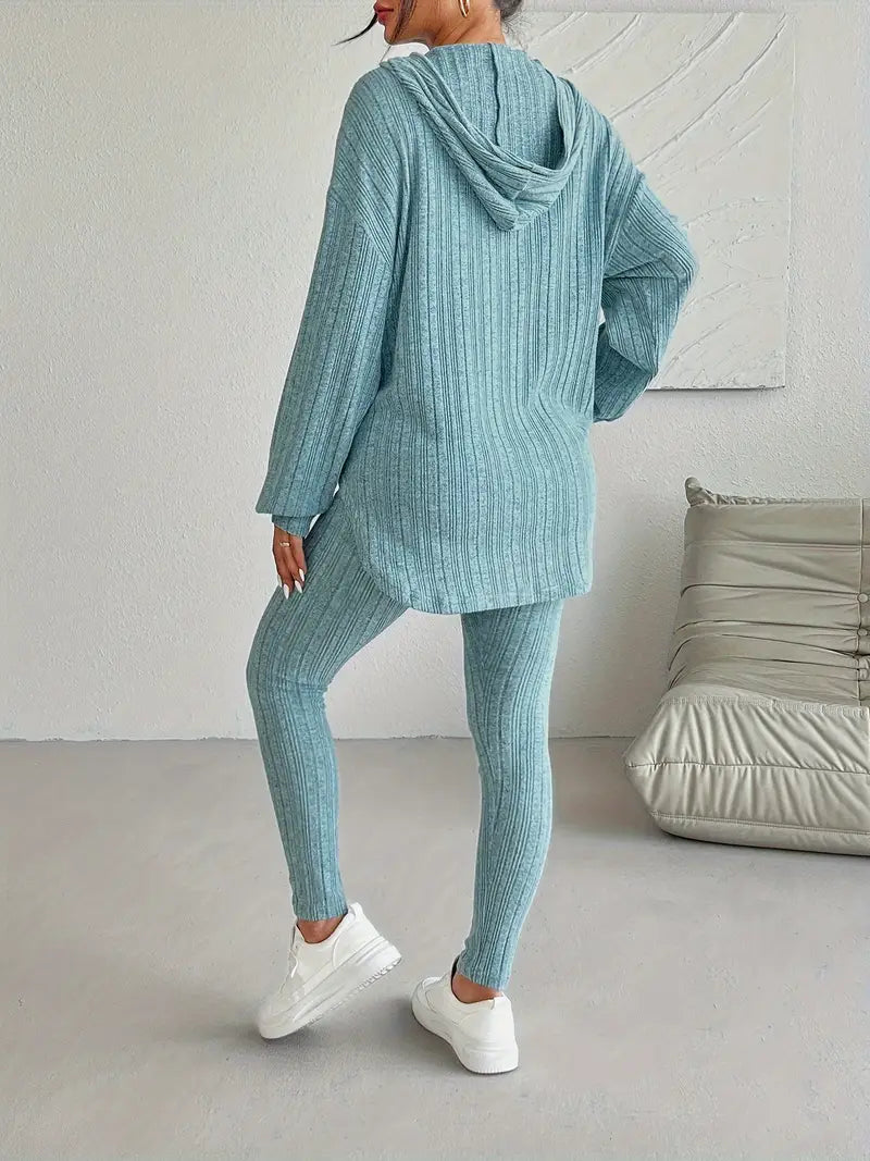 Ribbed knit lounge oversized hooded set for women | Lyra -5