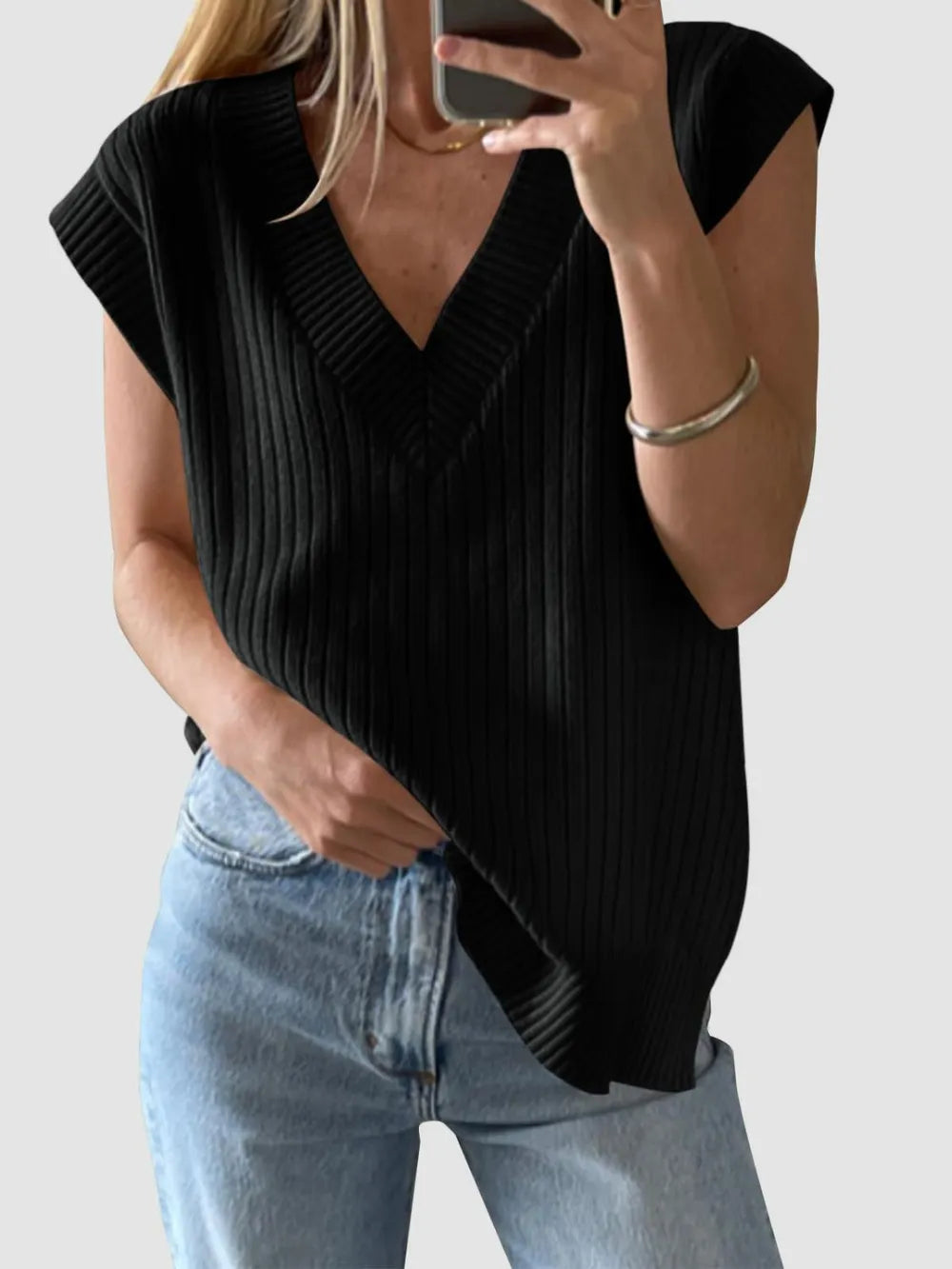 Knit ribbed sweater sleeveless V-neck top for women -11