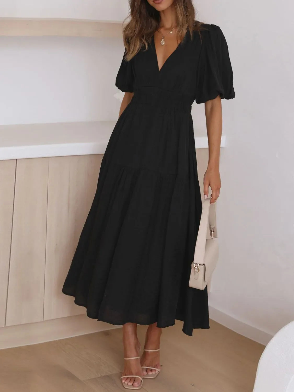Maxi gathered autumn short-sleeve V-neck dress for women -15