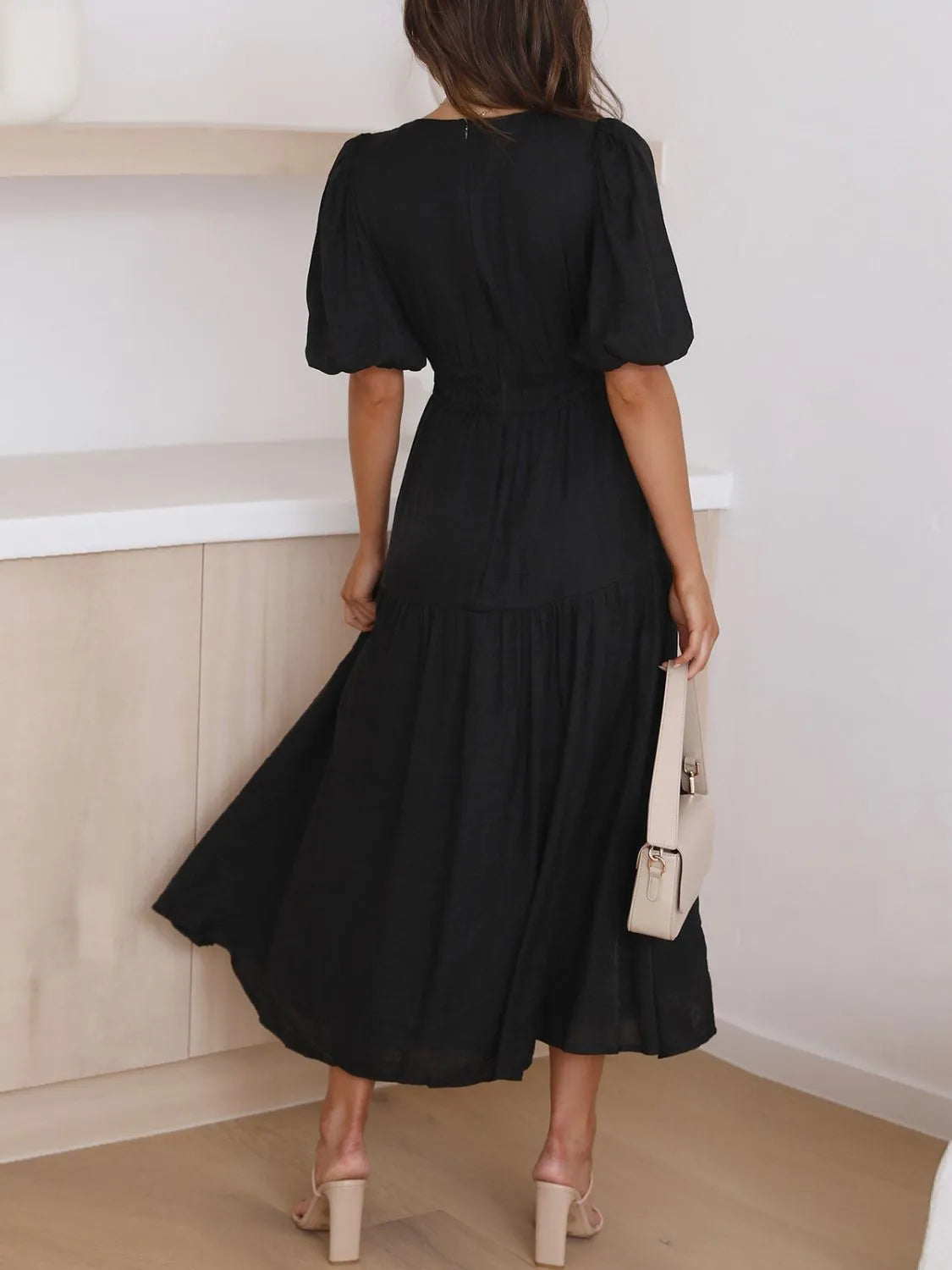 Maxi gathered autumn short-sleeve V-neck dress for women -18
