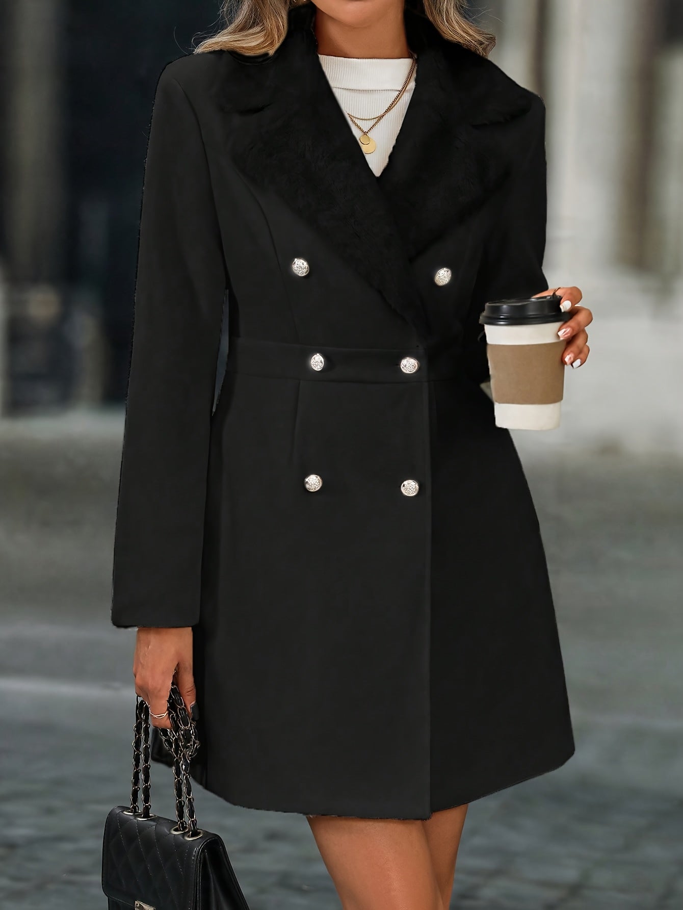 Long contrasting collar coat for women | Eloria -5