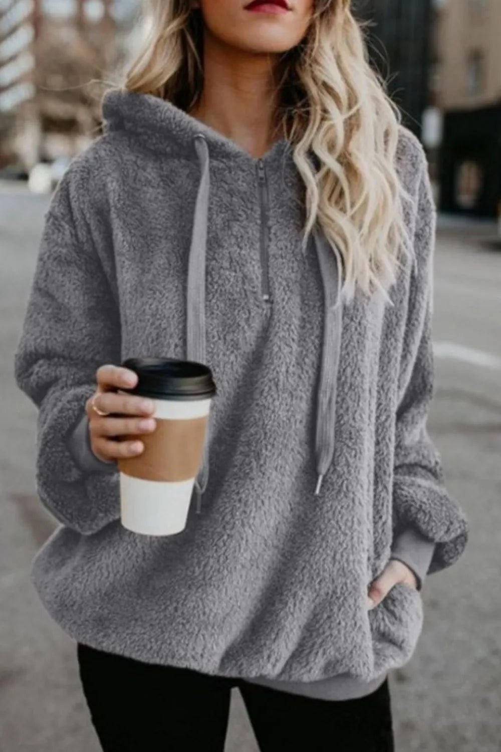 Plush demi-zip hoodie for women -12