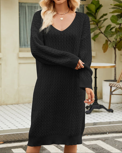 Winter knit midi V-neck long-sleeve dress for women -7