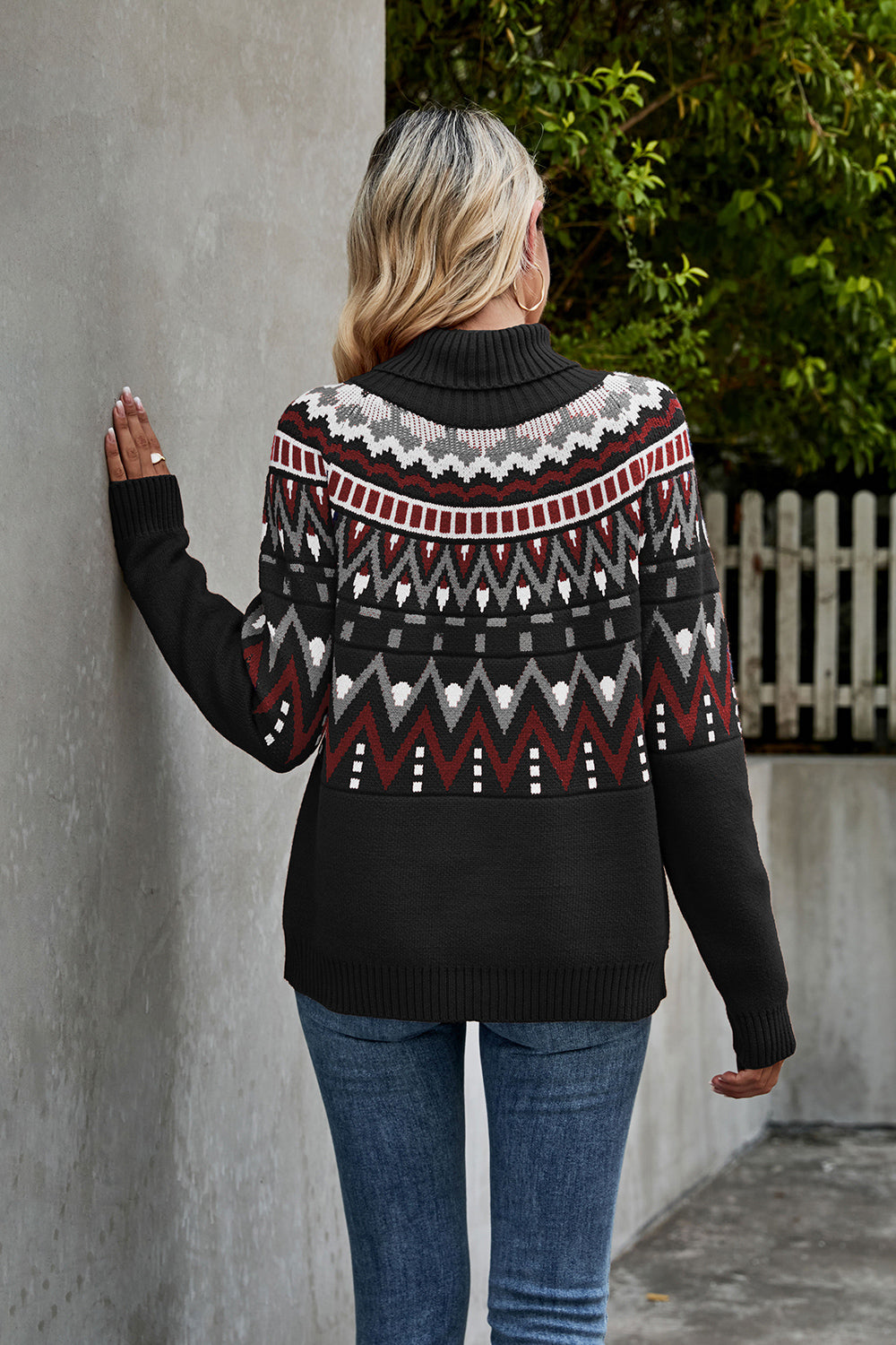 Turtleneck knit pattern geometric winter sweater for women -2