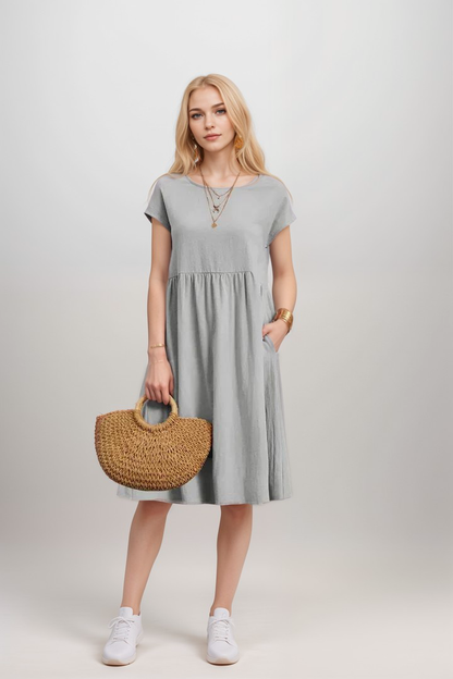 Mi-long casual cotton dress for women | Soline -3