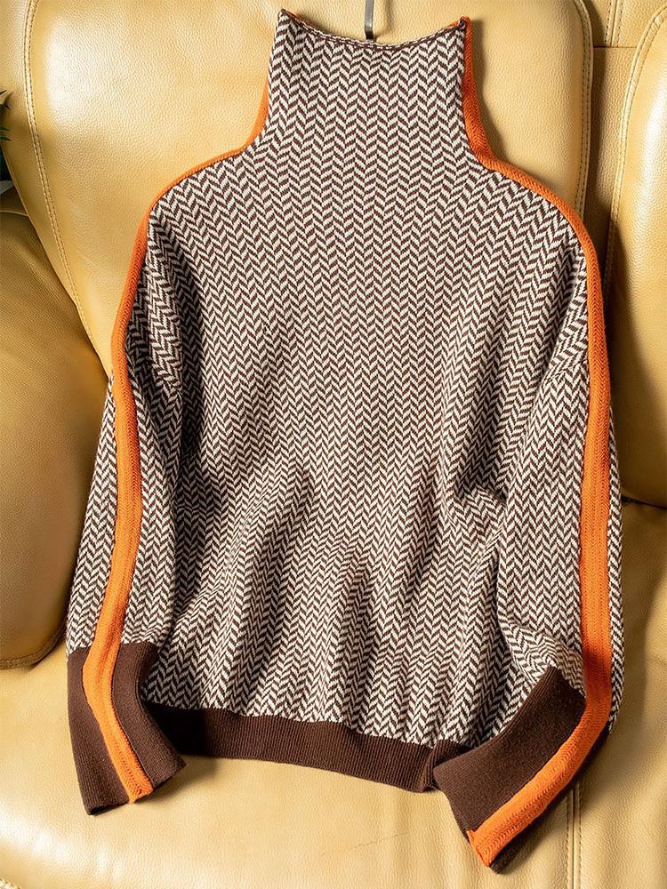 High collar contrasting stripes sweater for women -4