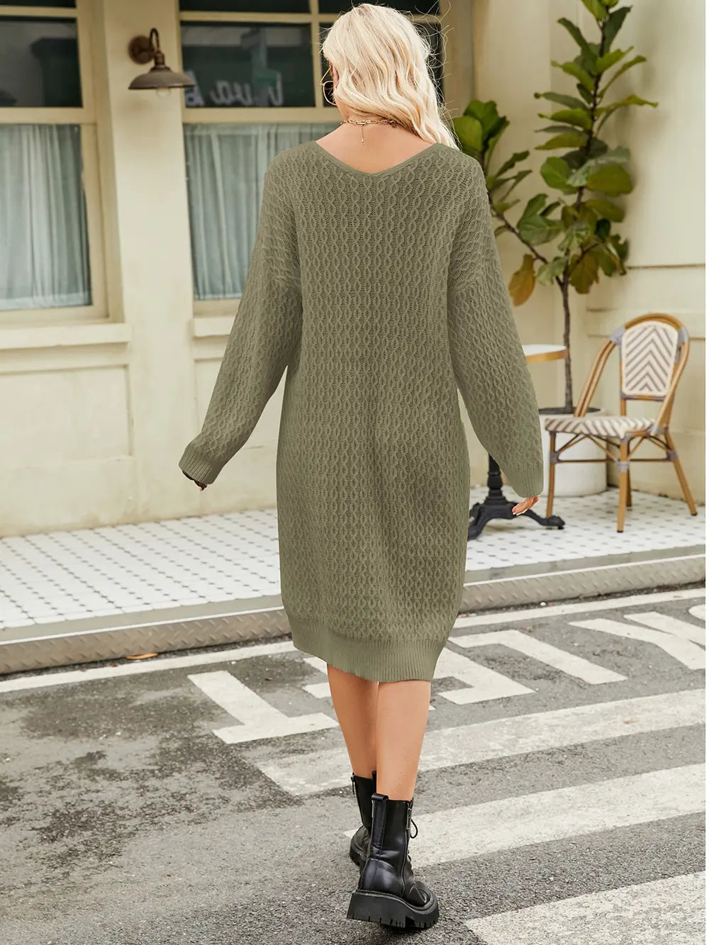 Winter knit midi V-neck long-sleeve dress for women -2