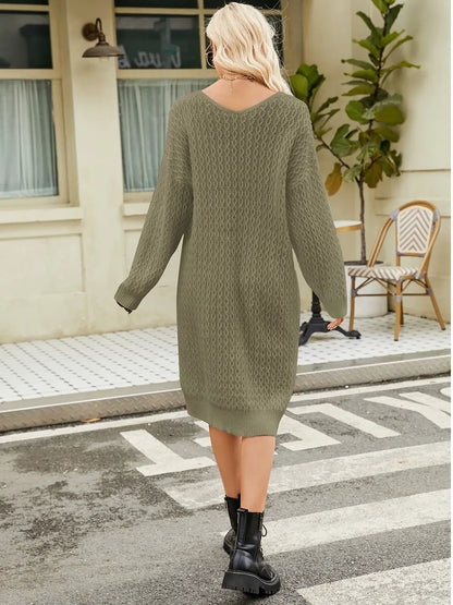 Winter knit midi V-neck long-sleeve dress for women -2