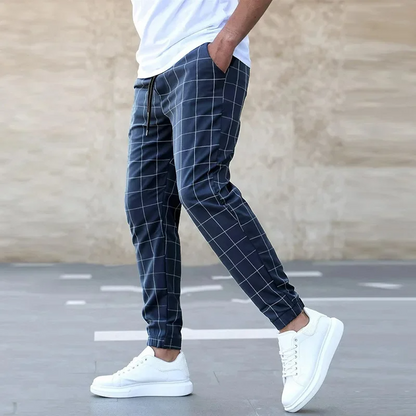 Checkered tapered elastic waistband joggers for men | Kellan -3