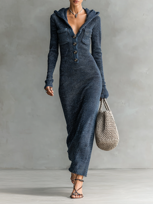 Slim hooded maxi clean silhouette dress for women | Elowen -1