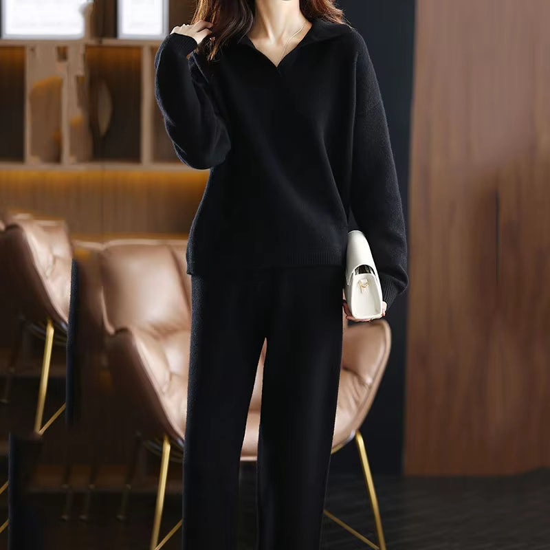 Elegant two-piece lounge polished collar set for women | Selene -11