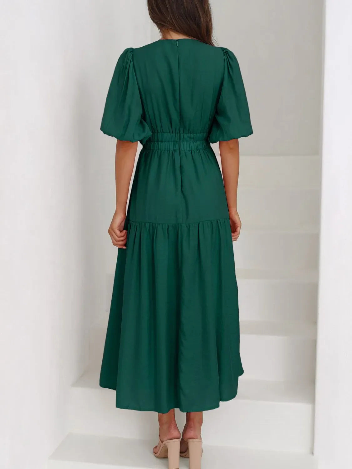 Maxi gathered autumn short-sleeve V-neck dress for women -24