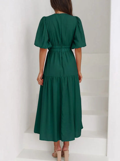 Maxi gathered autumn short-sleeve V-neck dress for women -24