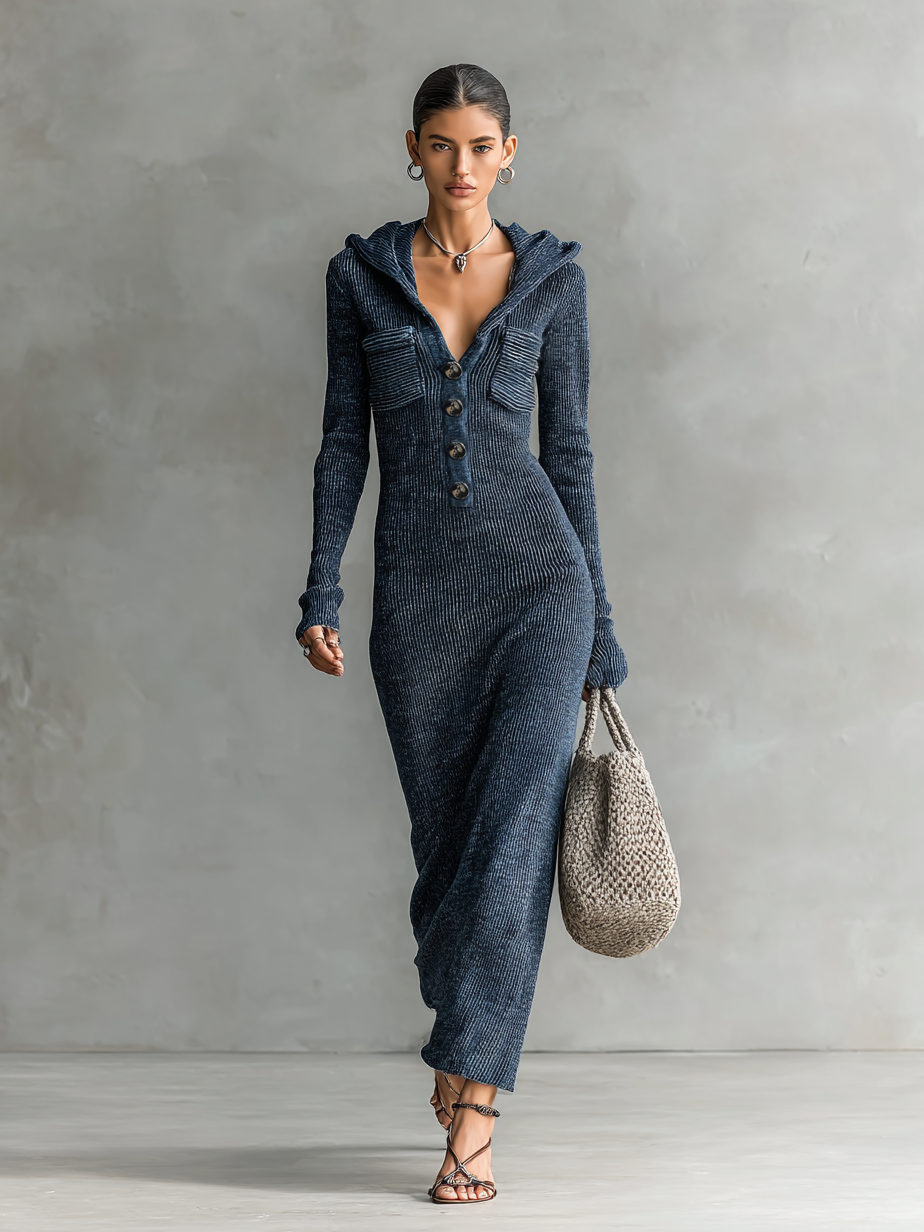 Slim hooded maxi clean silhouette dress for women | Elowen -4