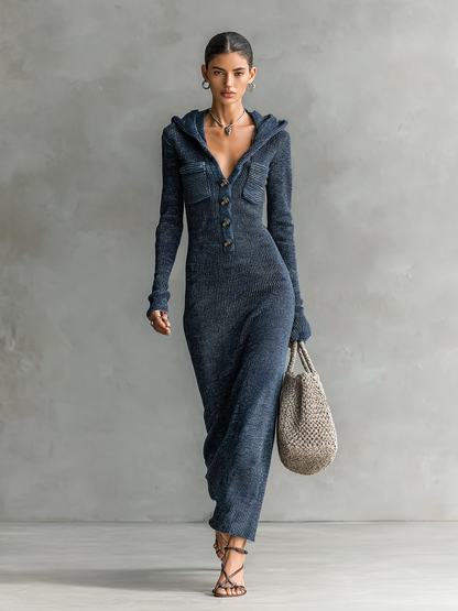Slim hooded maxi clean silhouette dress for women | Elowen -4