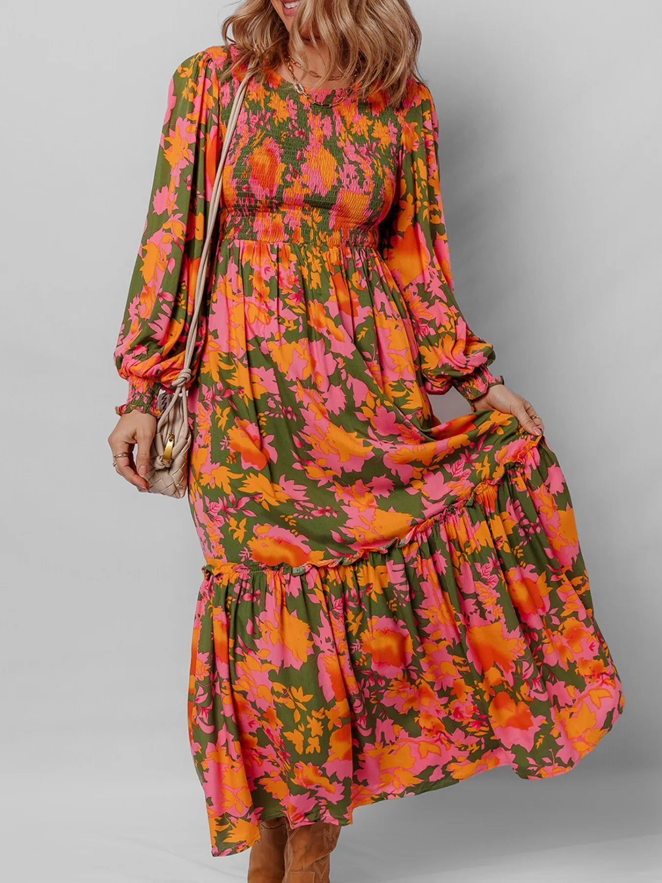 Maxi smocks autumn floral long-sleeve dress for women -4
