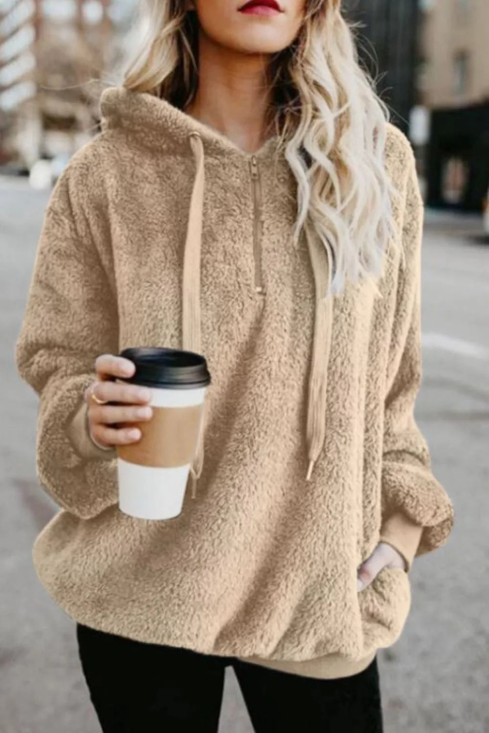 Plush demi-zip hoodie for women -18