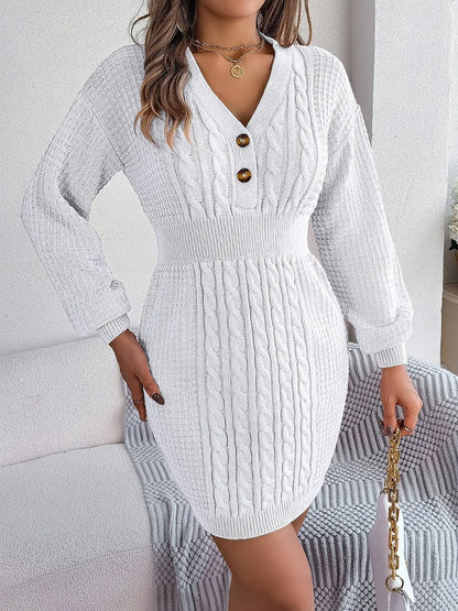 Winter knit sweater V-neck buttoned dress for women -7