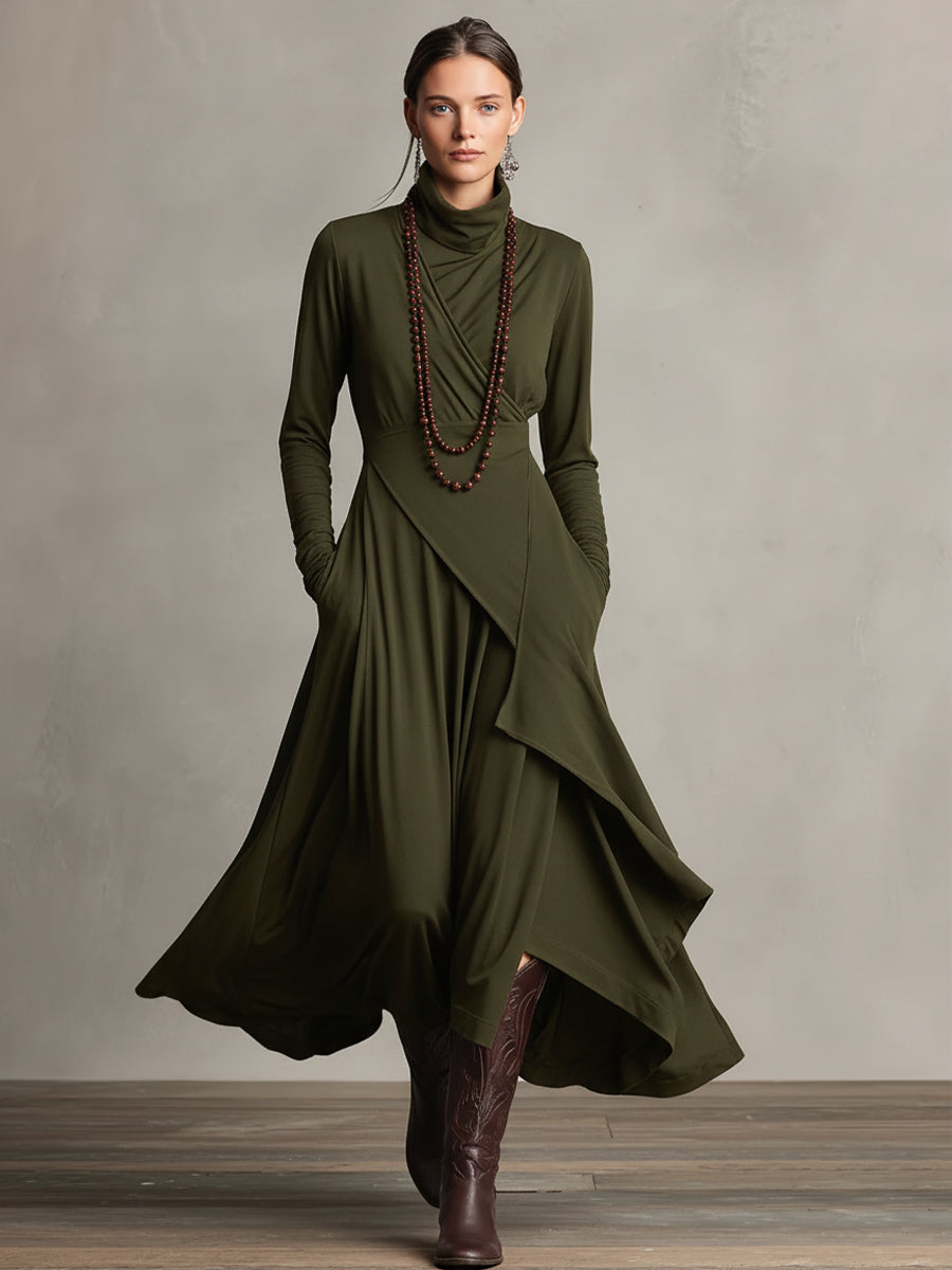 Bohemian draped maxi dress turtleneck for women | Elowen -7