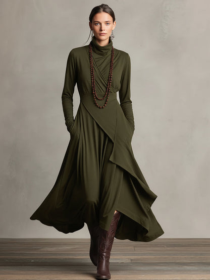Bohemian draped maxi dress turtleneck for women | Elowen -7