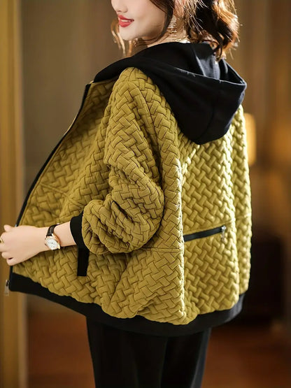 Quilted zip-up basketweave pattern hoodie for women | Selara -1