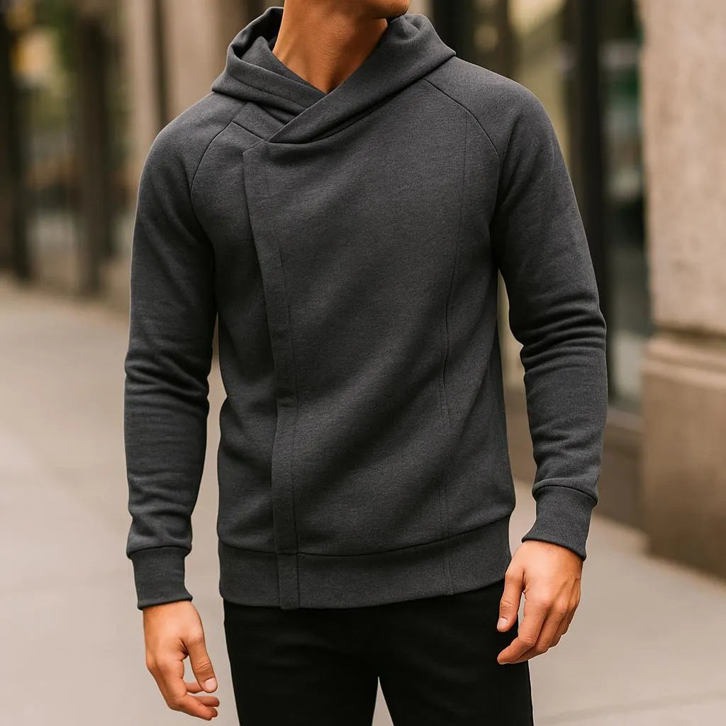 Asymmetric zip sculpted crossover hood hoodie for men | Kaelen -1